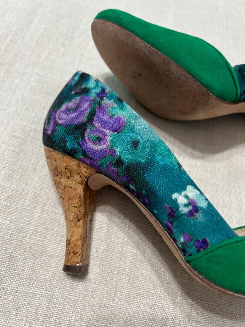 Plenty by Tracy Reese Hayden Floral Pump Emerald Green Suede Retro Cork Heel 38 - Picture 5 of 13
